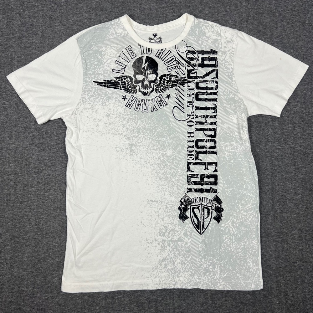 Southpole Y2K Skull Affliction Graphic T-Shirt Mens XL White Biker Grunge Skate